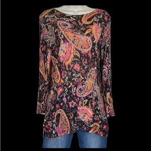 Lauren Ralph Lauren 100% Silk Colorful Paisley Long Sleeve Knit Top Tunic P/M
